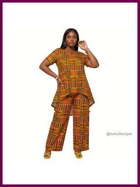 Women's 2 Piece African Print Set Short Sleeve Top Wide Leg Pants Lounge Set